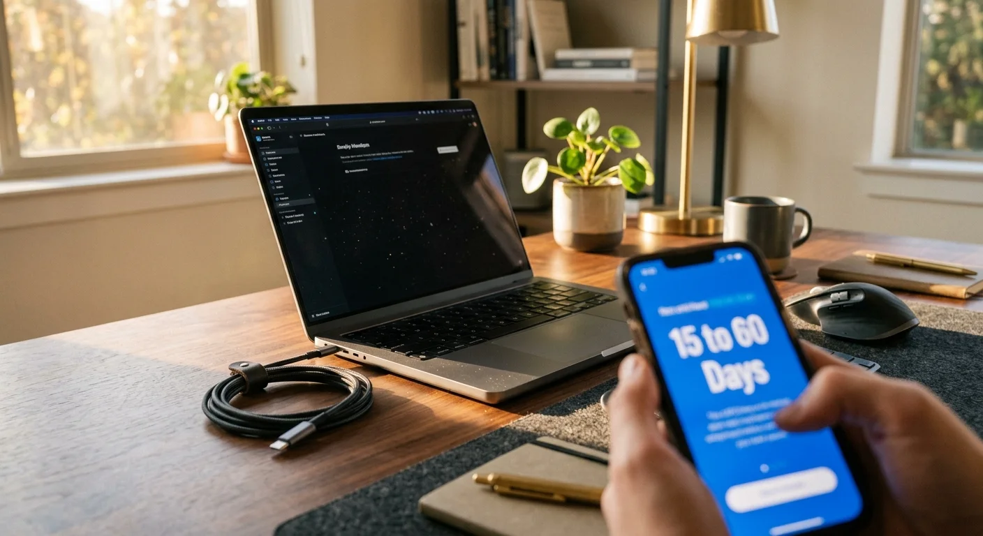 A photo of an open laptop on a wooden desk with a hand holding a smartphone showing an app screen with the text 15 to 60 Days.
