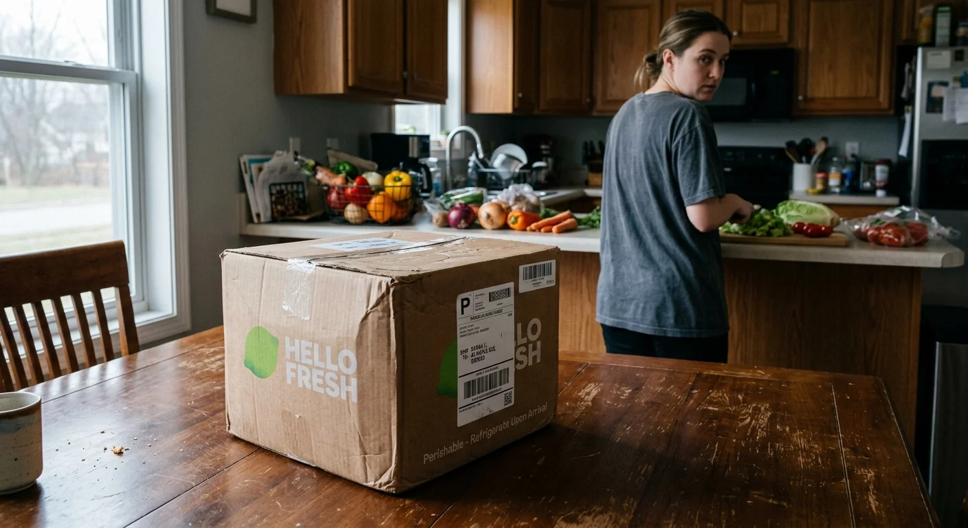 A photo of an unopened meal kit box sitting on a wooden table while a person prepares groceries in the background.