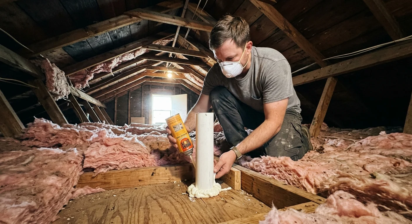 A photograph from inside a dusty attic showing a person using spray foam to seal a gap near pink fiberglass insulation.