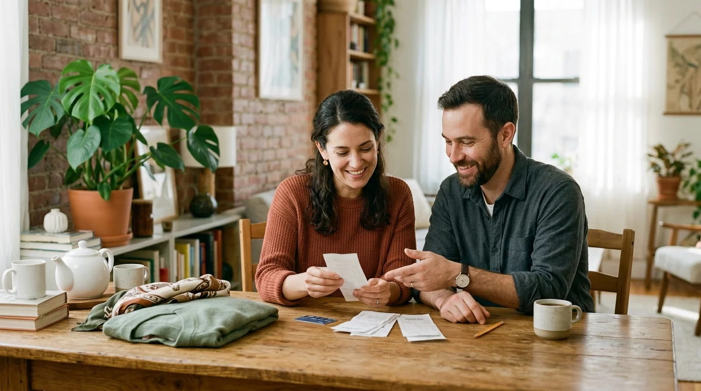 A photograph of a couple sitting happily at a dining table with shopping receipts, feeling confident about their budget.