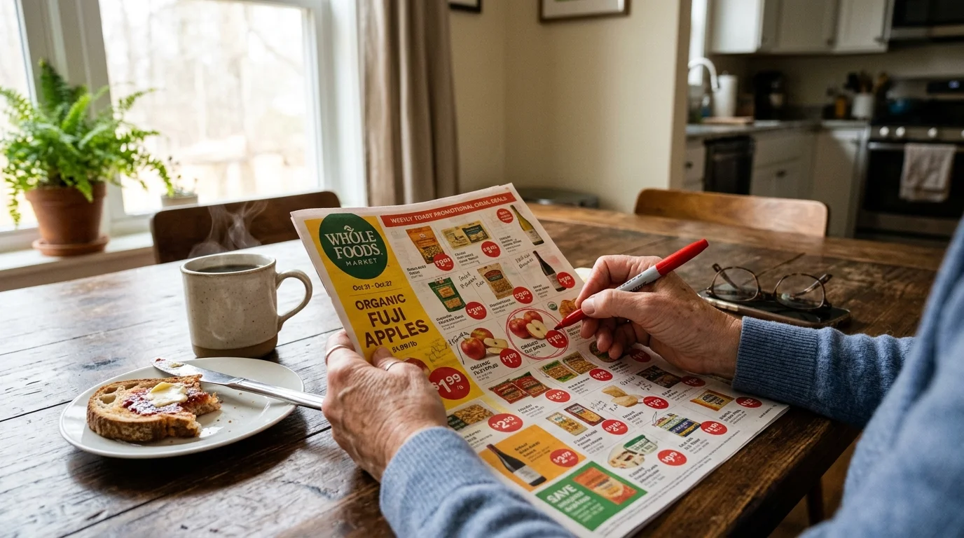 A photograph of a person holding a weekly grocery store circular flyer and circling discounts with a red pen.