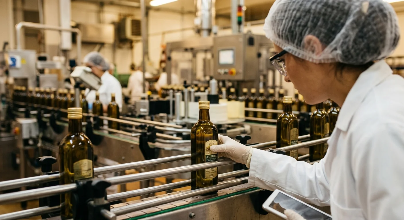 A quality control worker monitors amber glass bottles of olive oil on a modern factory conveyor belt, showing real industrial food productio
