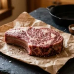 A raw, heavily marbled USDA Prime ribeye steak resting on brown butcher paper next to a cast-iron skillet and sea salt.