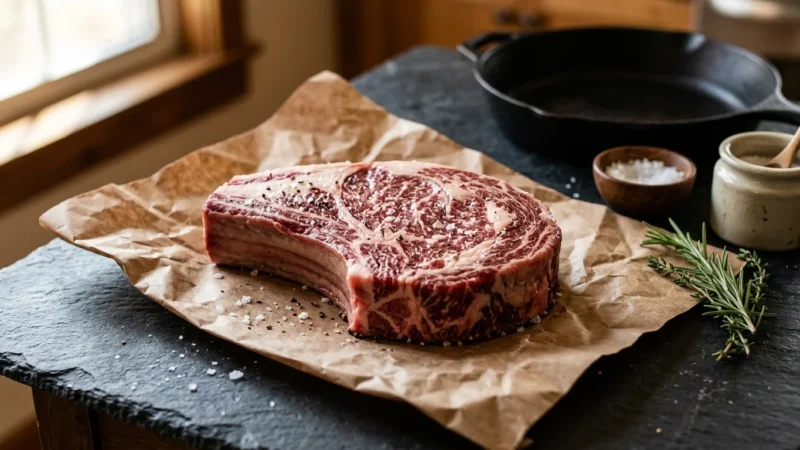 A raw, heavily marbled USDA Prime ribeye steak resting on brown butcher paper next to a cast-iron skillet and sea salt.