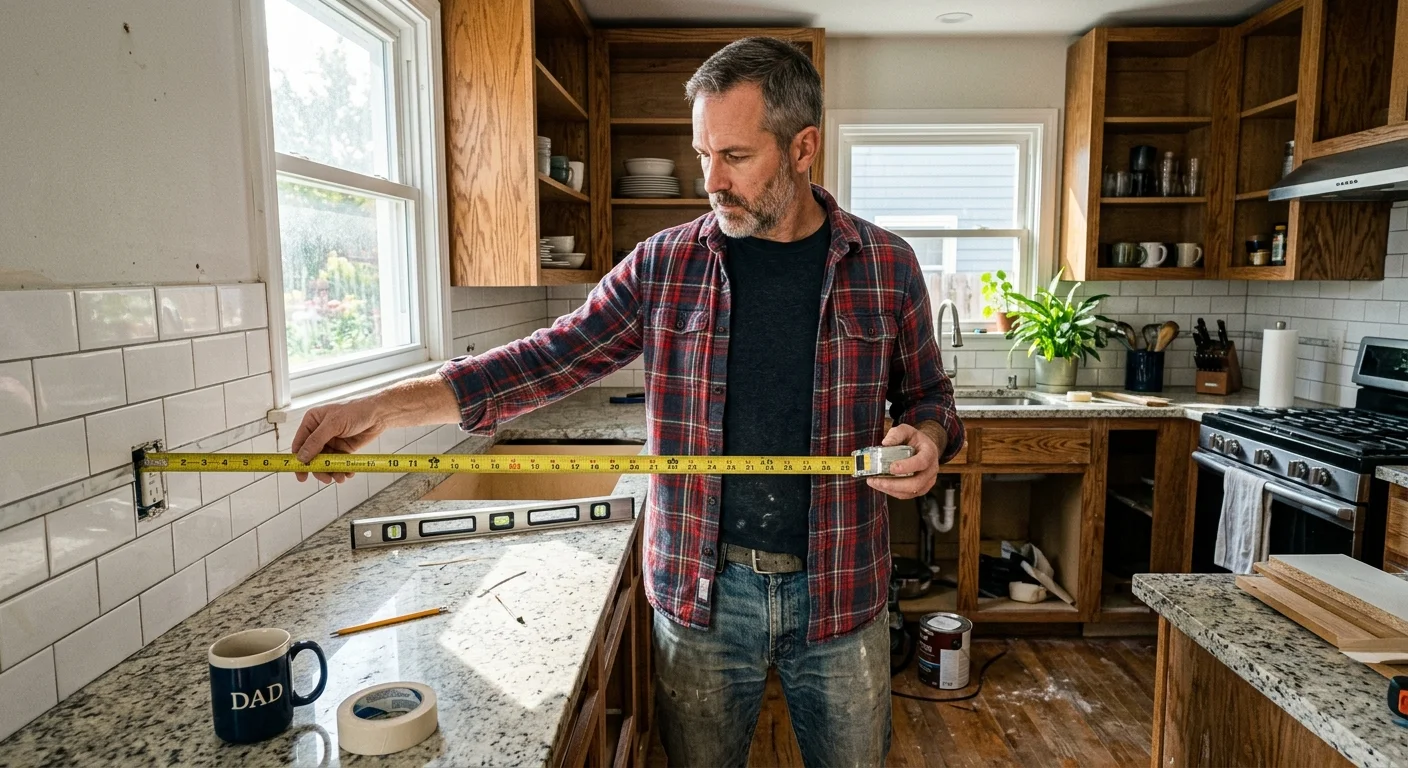 A real-life photo of a man in a flannel shirt measuring a white tile kitchen wall with a tape measure in a sunlit kitchen.