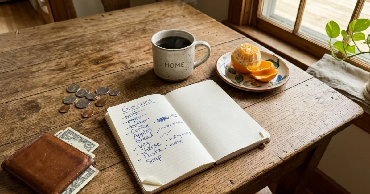 A real, slightly cluttered wooden kitchen table in the morning with a notebook grocery list, wallet, and warm coffee.