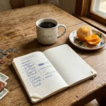 A real, slightly cluttered wooden kitchen table in the morning with a notebook grocery list, wallet, and warm coffee.