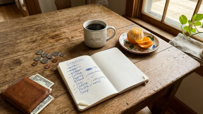 A real, slightly cluttered wooden kitchen table in the morning with a notebook grocery list, wallet, and warm coffee.