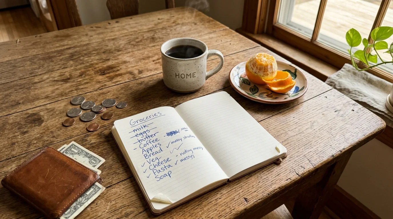 A real, slightly cluttered wooden kitchen table in the morning with a notebook grocery list, wallet, and warm coffee.