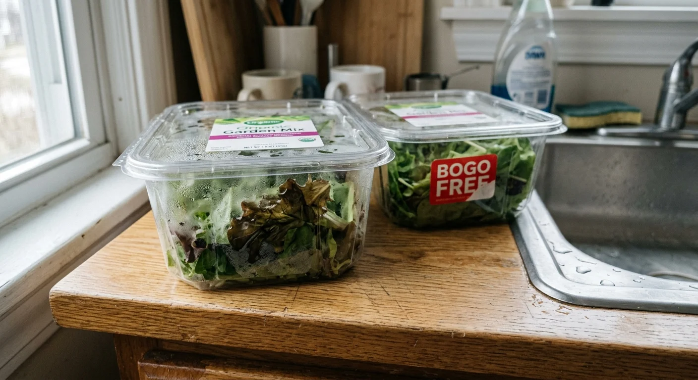 A realistic photo of a wilted container of BOGO salad greens next to an unopened, spoiled second container on a kitchen counter.