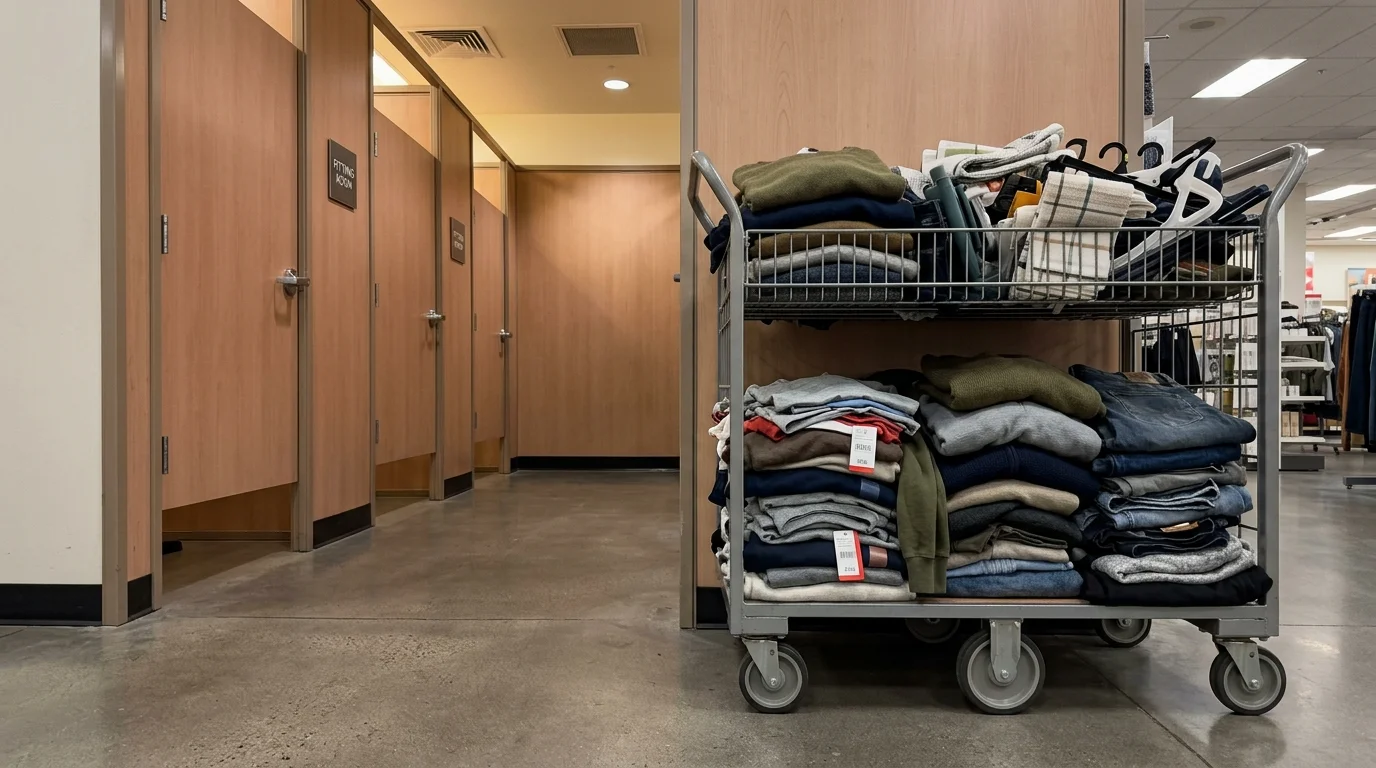 A realistic snapshot of a metal rolling cart filled with returned items parked near retail fitting rooms.