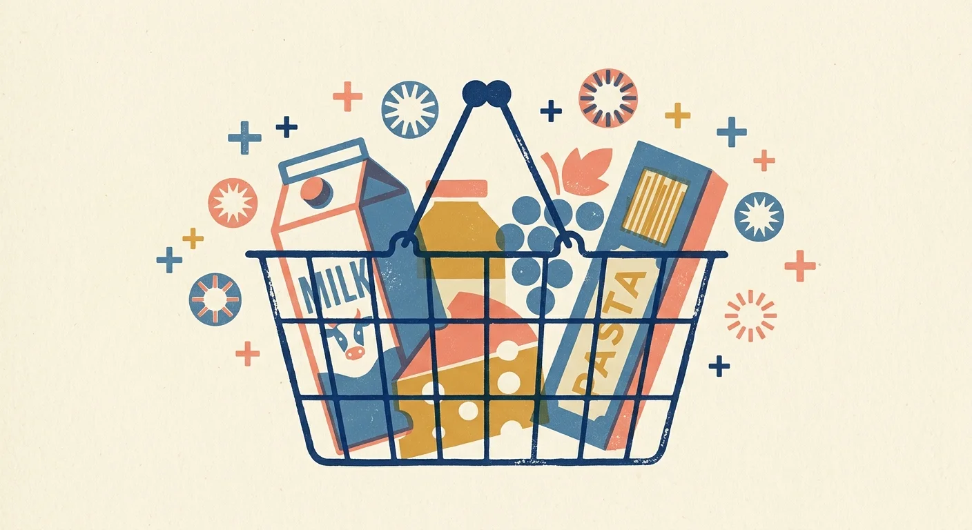A retro screenprint illustration of a wire shopping basket filled with basic groceries and floating reward symbols.