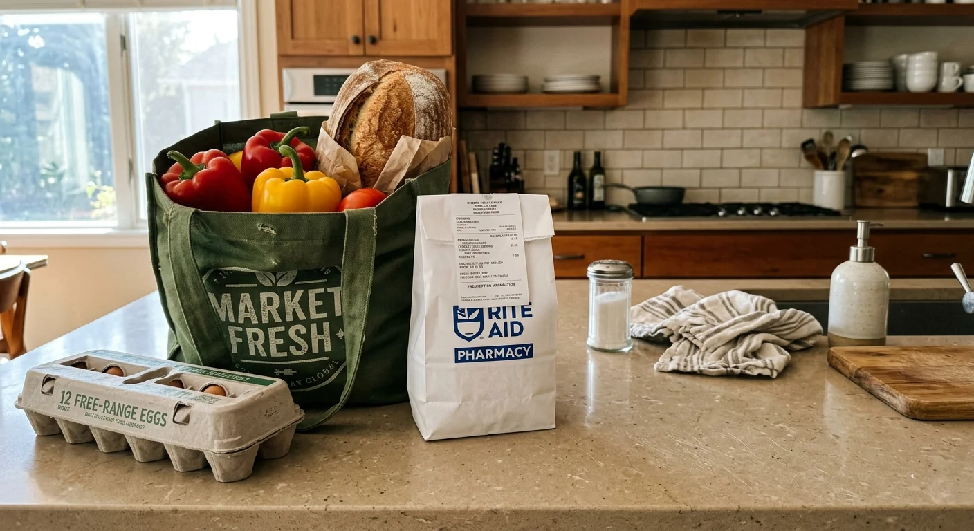 A reusable green grocery bag next to a small white prescription bag on a clean kitchen counter.