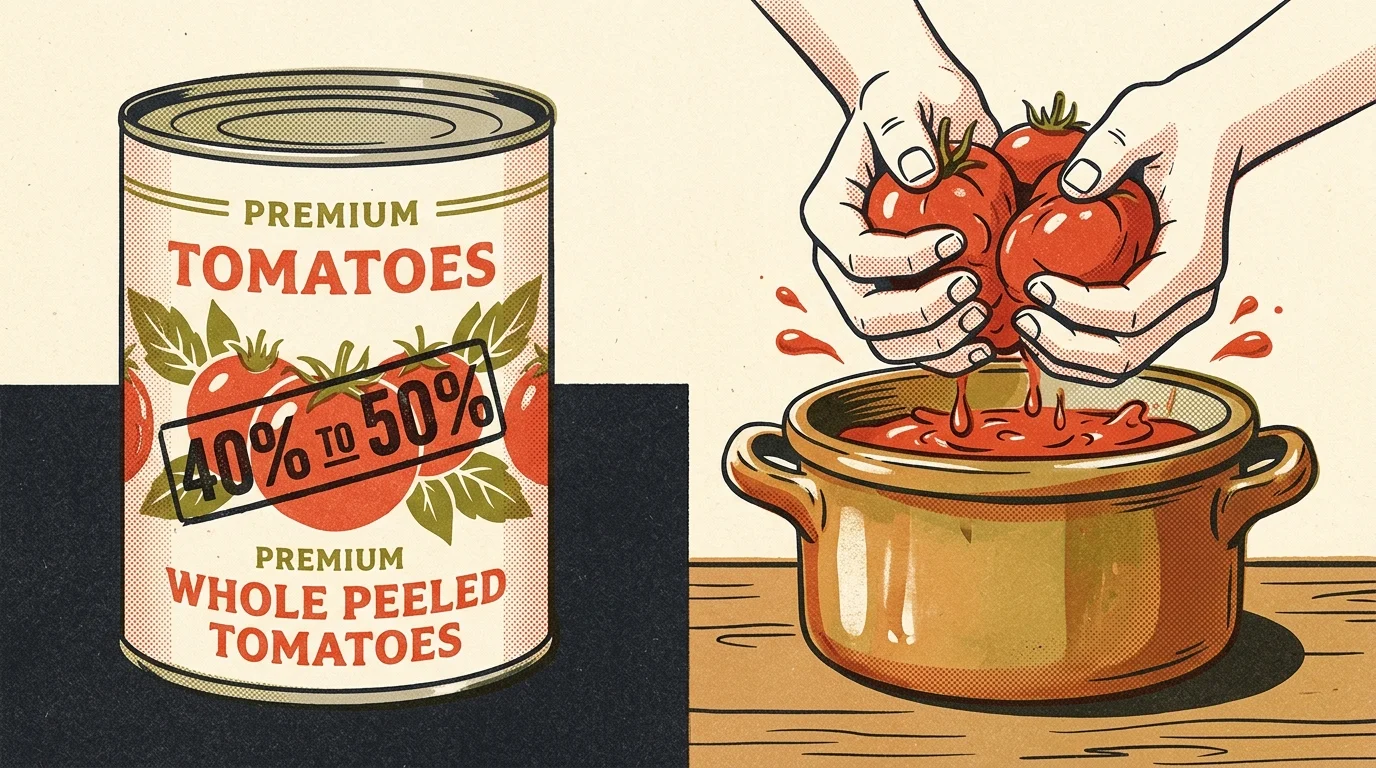 A risograph illustration of a canned tomato tin with a 40% off stamp next to fresh tomatoes being crushed into a cooking pot.