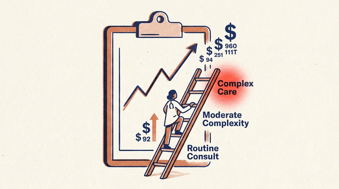 A risograph illustration of a clinical chart climbing a ladder from 'Routine Consult' to 'Complex Care'.