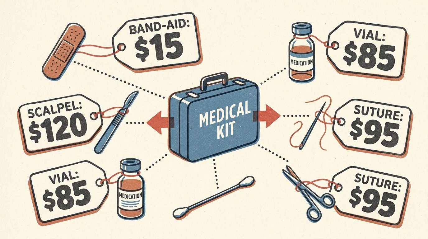 A risograph illustration of a single medical kit splitting into separate priced items like band-aids and syringes.