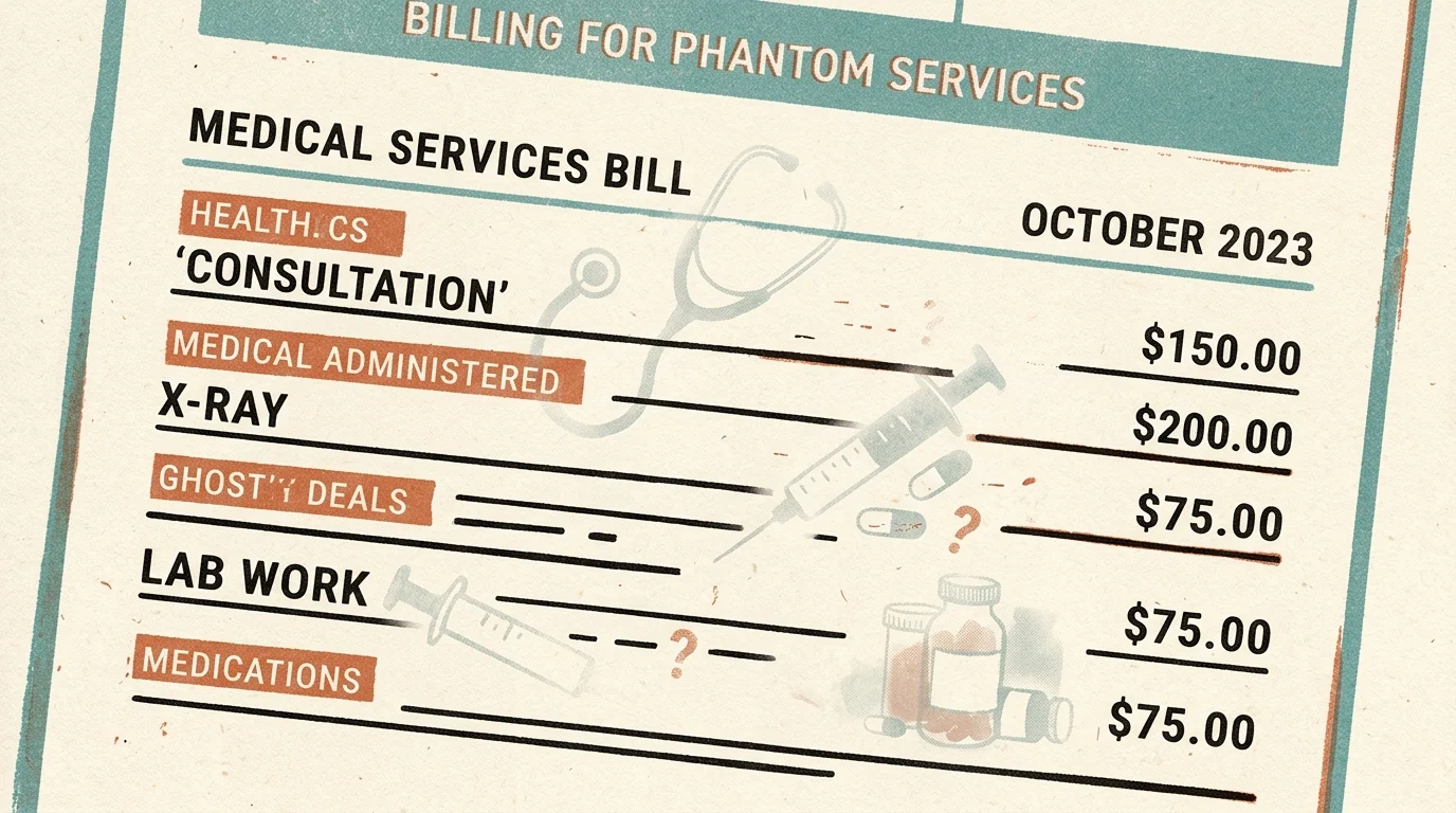 A risograph illustration showing a medical bill next to ghostly, transparent outlines of medical supplies.