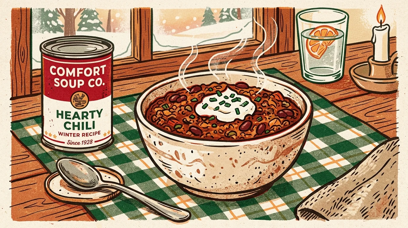 A risograph print of a steaming bowl of chili with sour cream next to a classic red-and-white soup can on a checkered tablecloth.