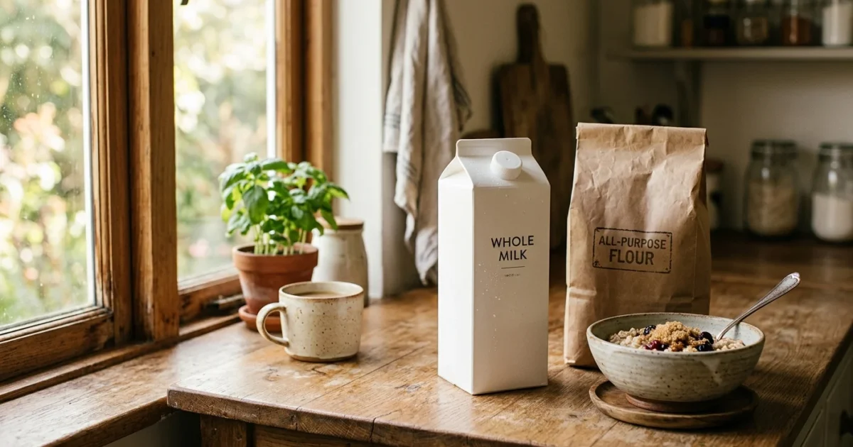 A rustic kitchen counter with generic store-brand milk and flour next to a fresh bowl of oatmeal in warm morning light.