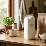 A rustic kitchen counter with generic store-brand milk and flour next to a fresh bowl of oatmeal in warm morning light.