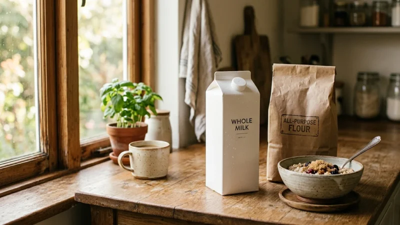 A rustic kitchen counter with generic store-brand milk and flour next to a fresh bowl of oatmeal in warm morning light.