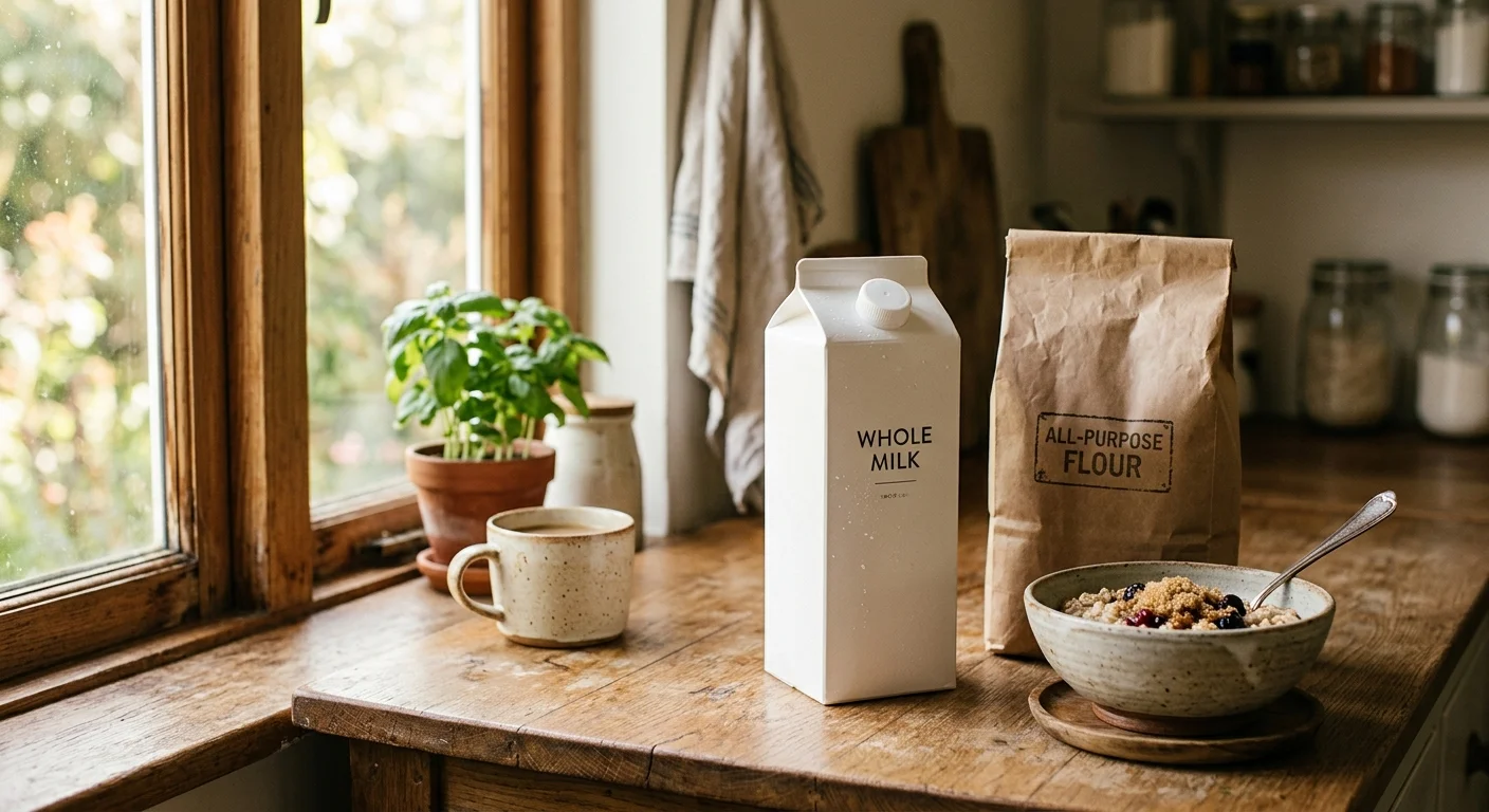 A rustic kitchen counter with generic store-brand milk and flour next to a fresh bowl of oatmeal in warm morning light.