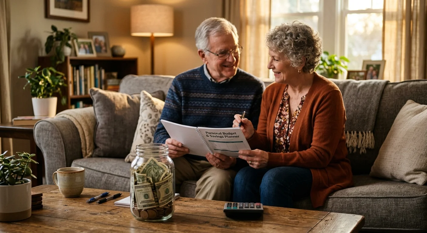A senior couple looking at a budget planner together on their living room sofa, with a savings jar on the table.