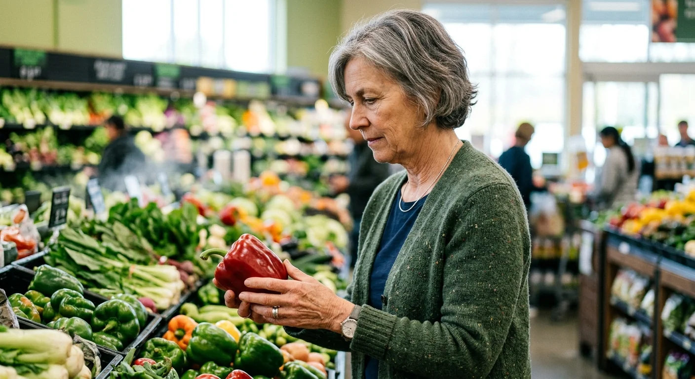 A senior woman shopping in a well-lit grocery store produce aisle, selecting fresh vegetables.