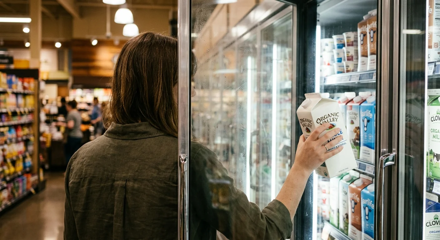 A sharp photograph of a shopper opening a glass cooler door to select a carton of milk near the end of their shopping trip.