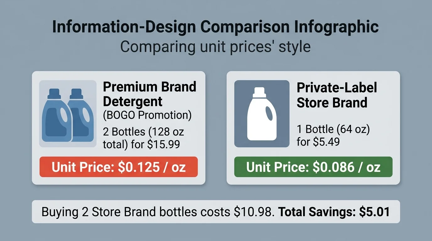 A side-by-side comparison diagram showing a name-brand BOGO detergent at $0.125 per ounce versus a store brand at $0.086 per ounce.