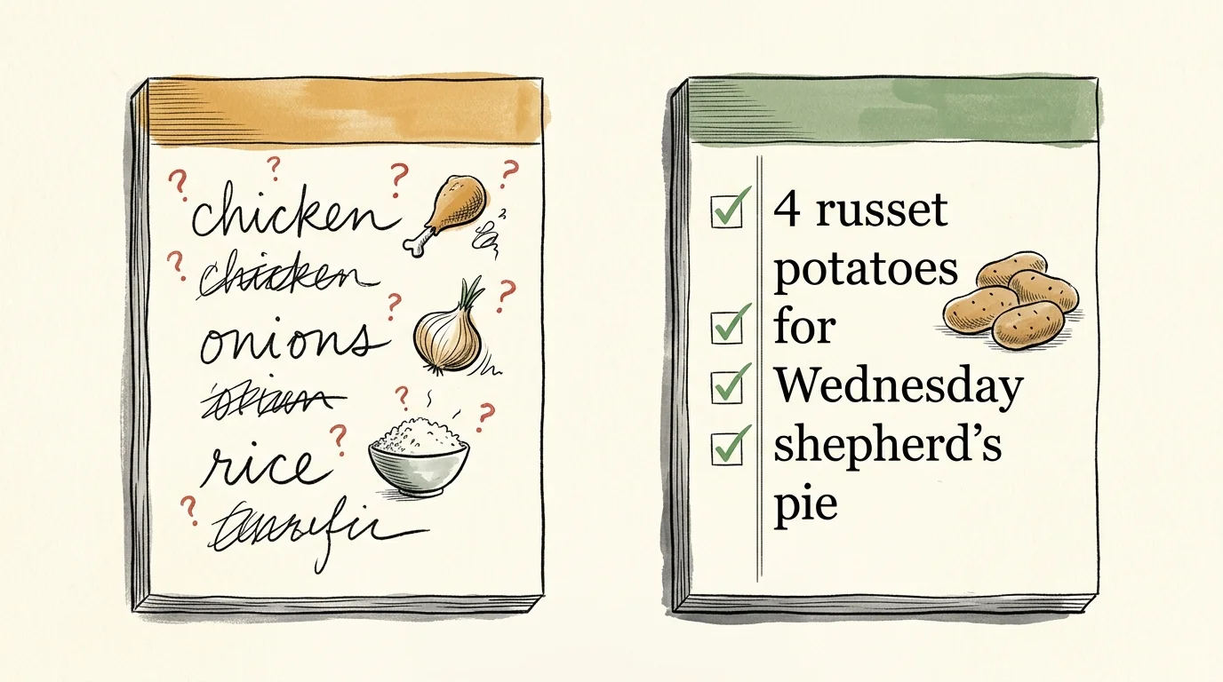 A side-by-side editorial illustration of a vague grocery list compared to a neat, recipe-mapped grocery list.