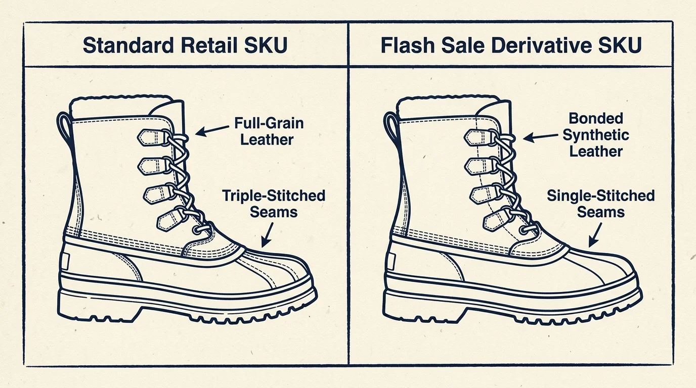 A side-by-side technical drawing comparing a high-quality standard winter boot with a cheaply made flash sale derivative boot.