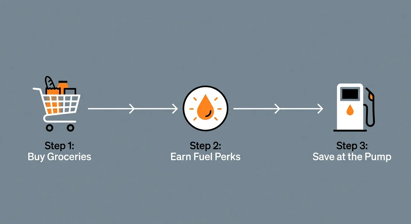 A sleek, horizontal three-step diagram showing the flow from buying groceries to earning and redeeming fuel perks.
