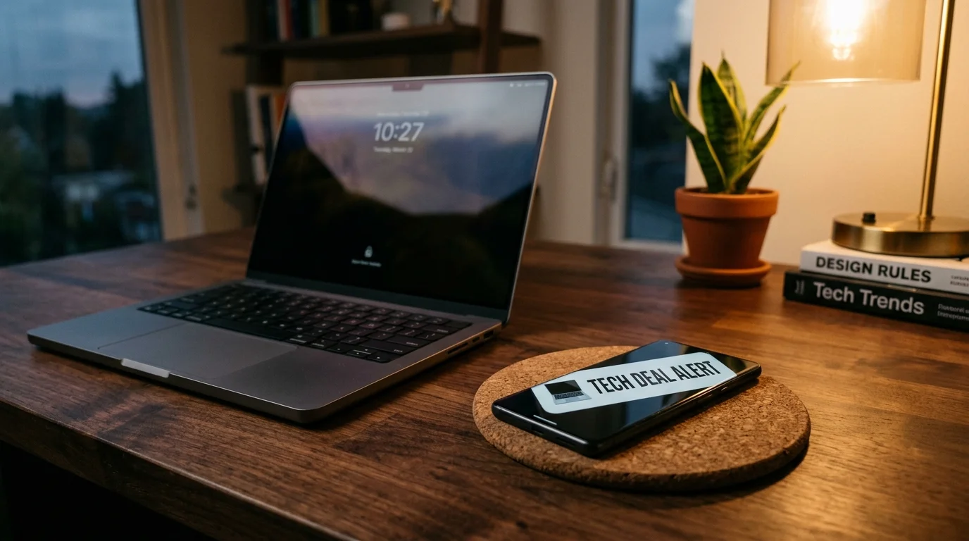A smartphone resting next to an open laptop on a wooden desk, displaying a tech deal notification alert.