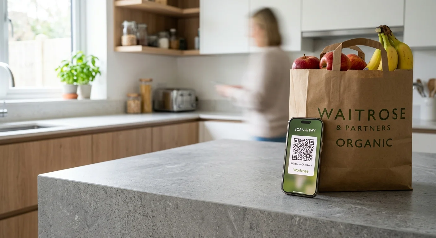 A smartphone showing a digital store code lies on a kitchen counter next to a brown paper grocery bag.