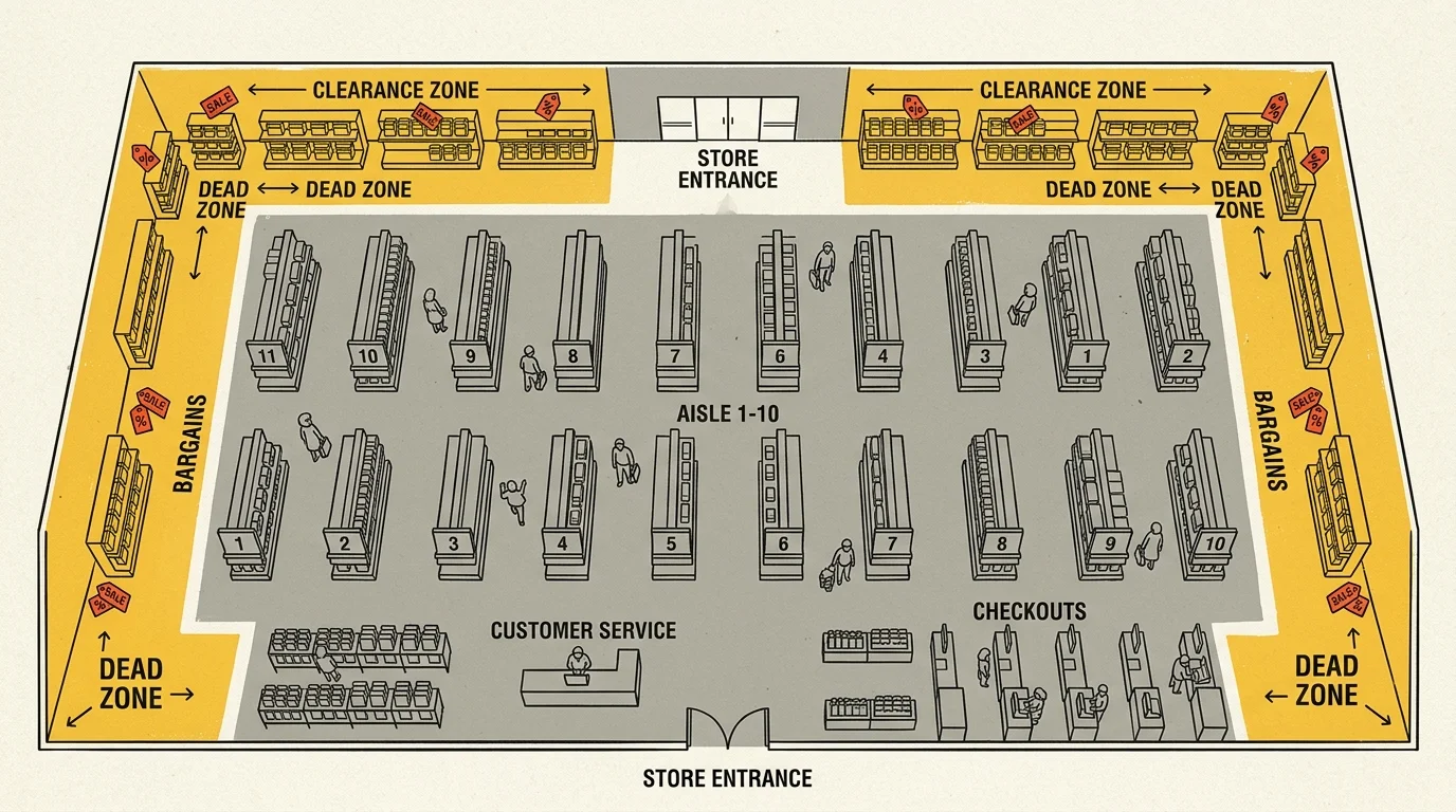 A stylized retail floor map highlighting the far back corners and peripheral walls in yellow to show where clearance racks are hidden.