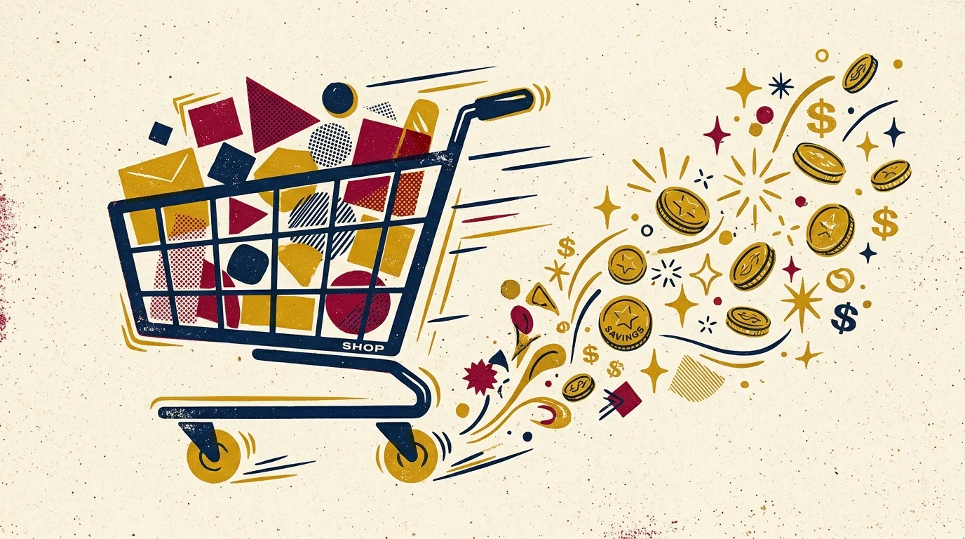 A stylized retro screenprint illustration of a moving shopping cart leaving a trail of savings coins.