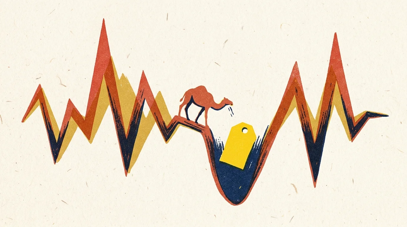 A stylized risograph illustration of a camel walking along a jagged price line graph pointing towards a discount tag in a deep valley.
