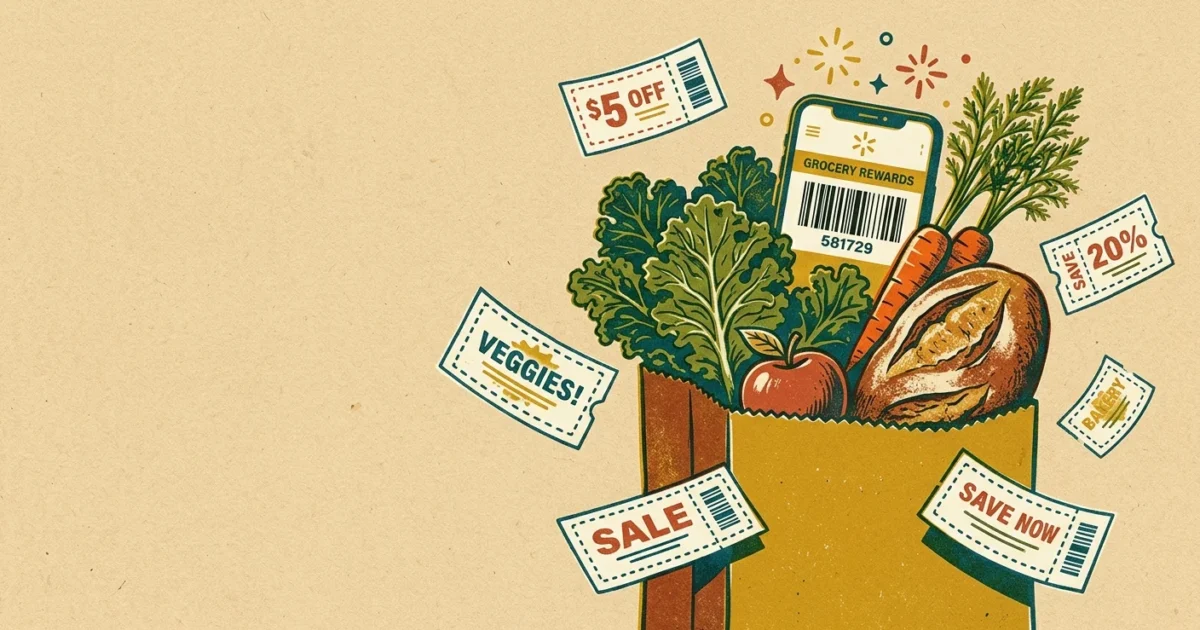 A stylized risograph illustration of a grocery bag filled with fresh produce and a smartphone showing a digital loyalty barcode.