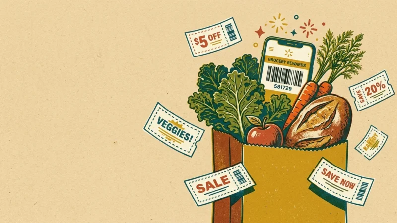 A stylized risograph illustration of a grocery bag filled with fresh produce and a smartphone showing a digital loyalty barcode.