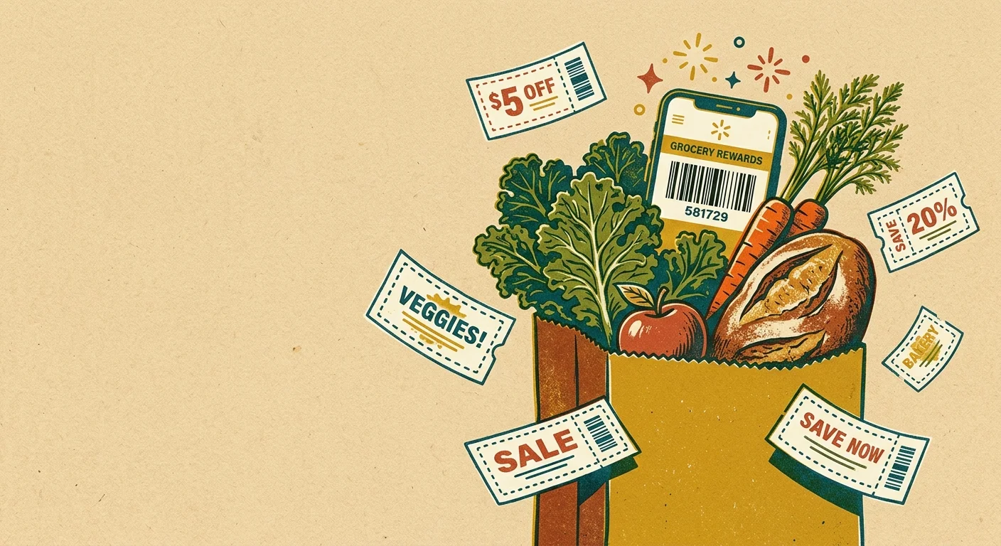 A stylized risograph illustration of a grocery bag filled with fresh produce and a smartphone showing a digital loyalty barcode.