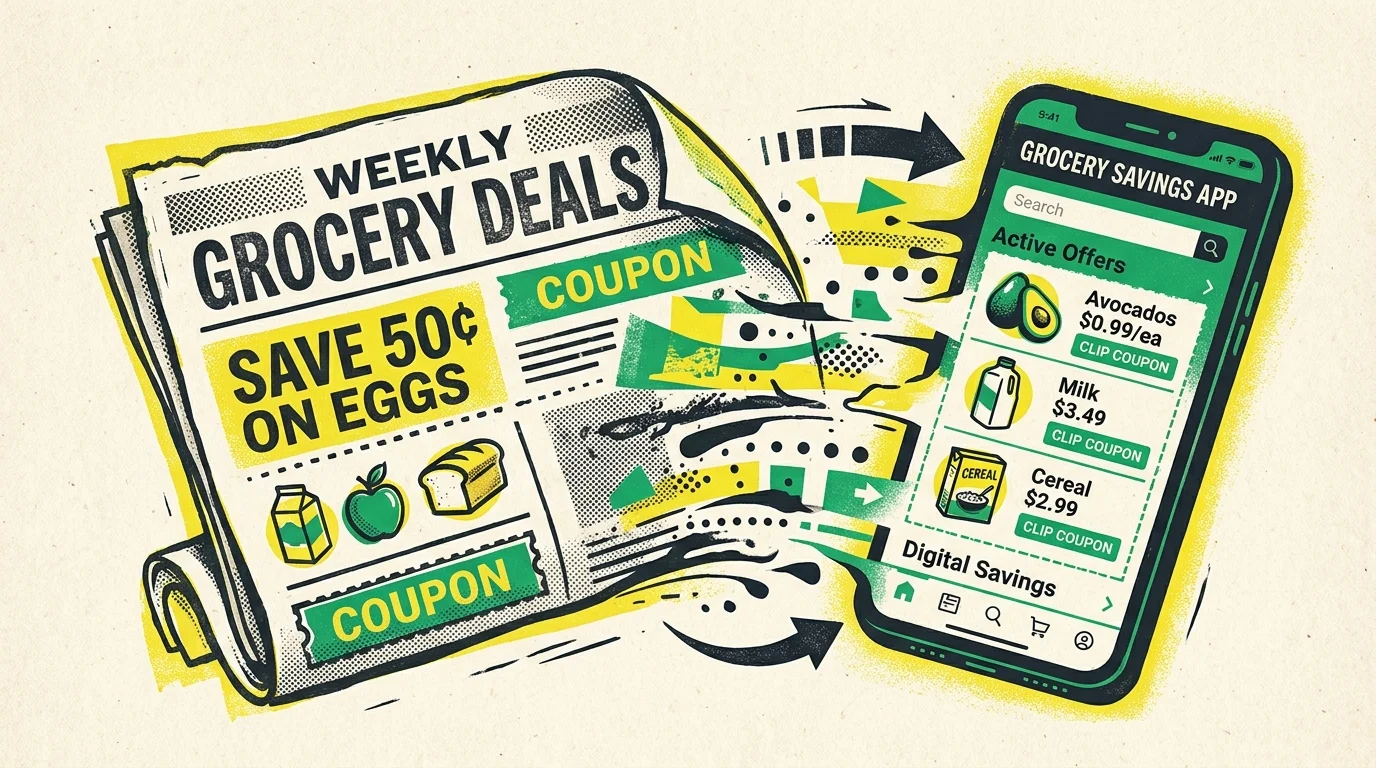 A stylized screenprint illustration of a traditional paper grocery flyer transforming into a modern smartphone app.