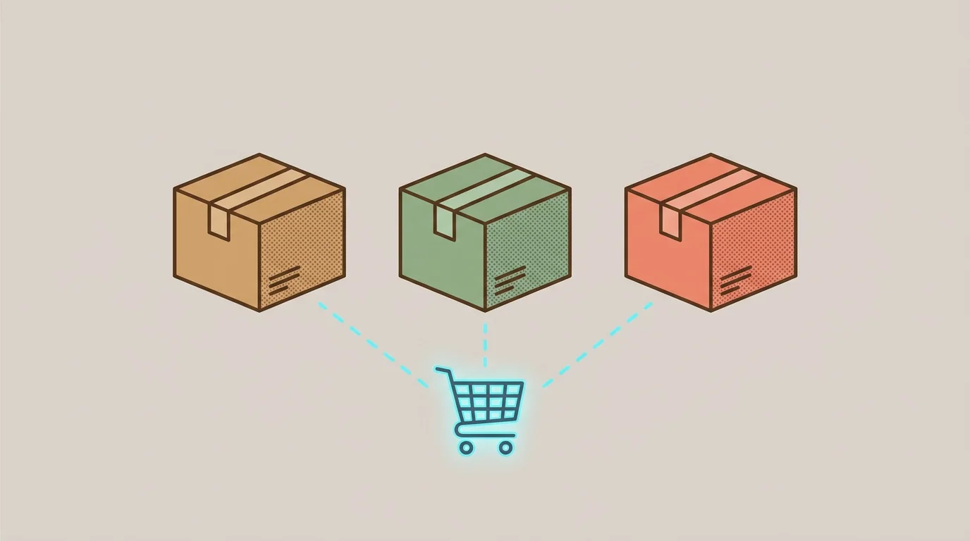 A stylized screenprint illustration of dotted lines connecting multiple retail shipping boxes to a central digital shopping cart.