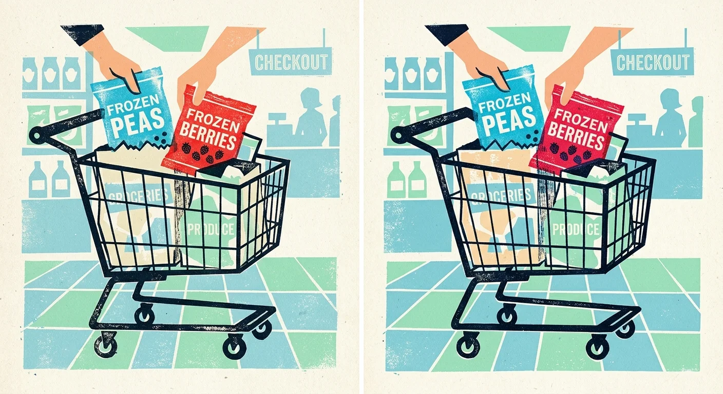 A stylized screenprint illustration of frozen vegetable bags being placed on top of a full grocery cart.