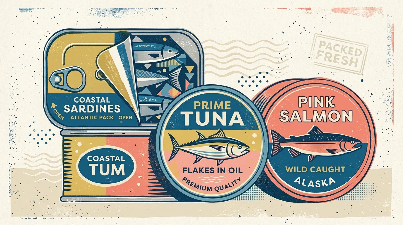 A stylized screenprint illustration of stacked canned sardines and tuna with retro fish graphics in blue, pink, and mustard yellow.