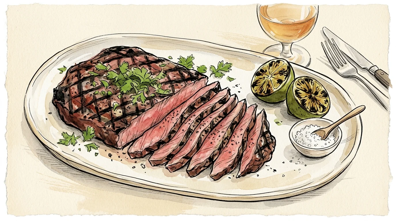 A stylized watercolor illustration of a sliced grilled flank steak served with grilled lime halves on a platter.