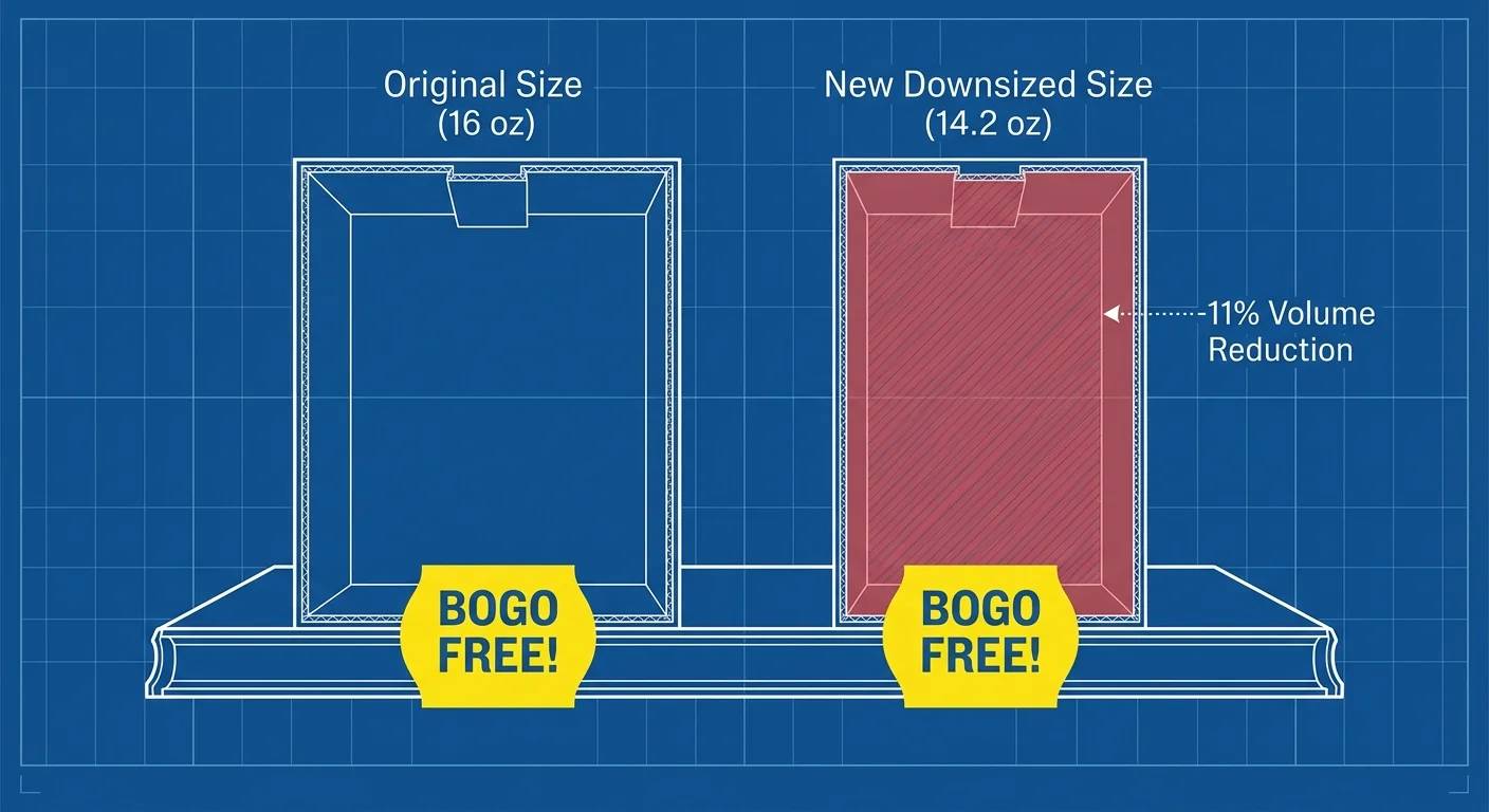 A technical blueprint diagram comparing an original 16 oz cereal box to a downsized 14.2 oz box, with the missing space highlighted.