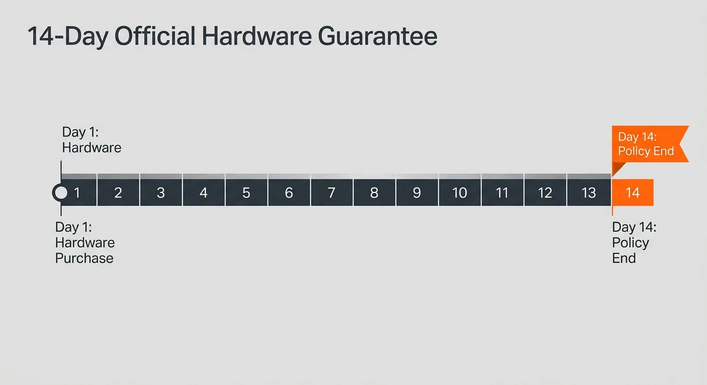 A technical timeline diagram displaying the 14-day hardware guarantee timeline from Day 1 to Day 14.