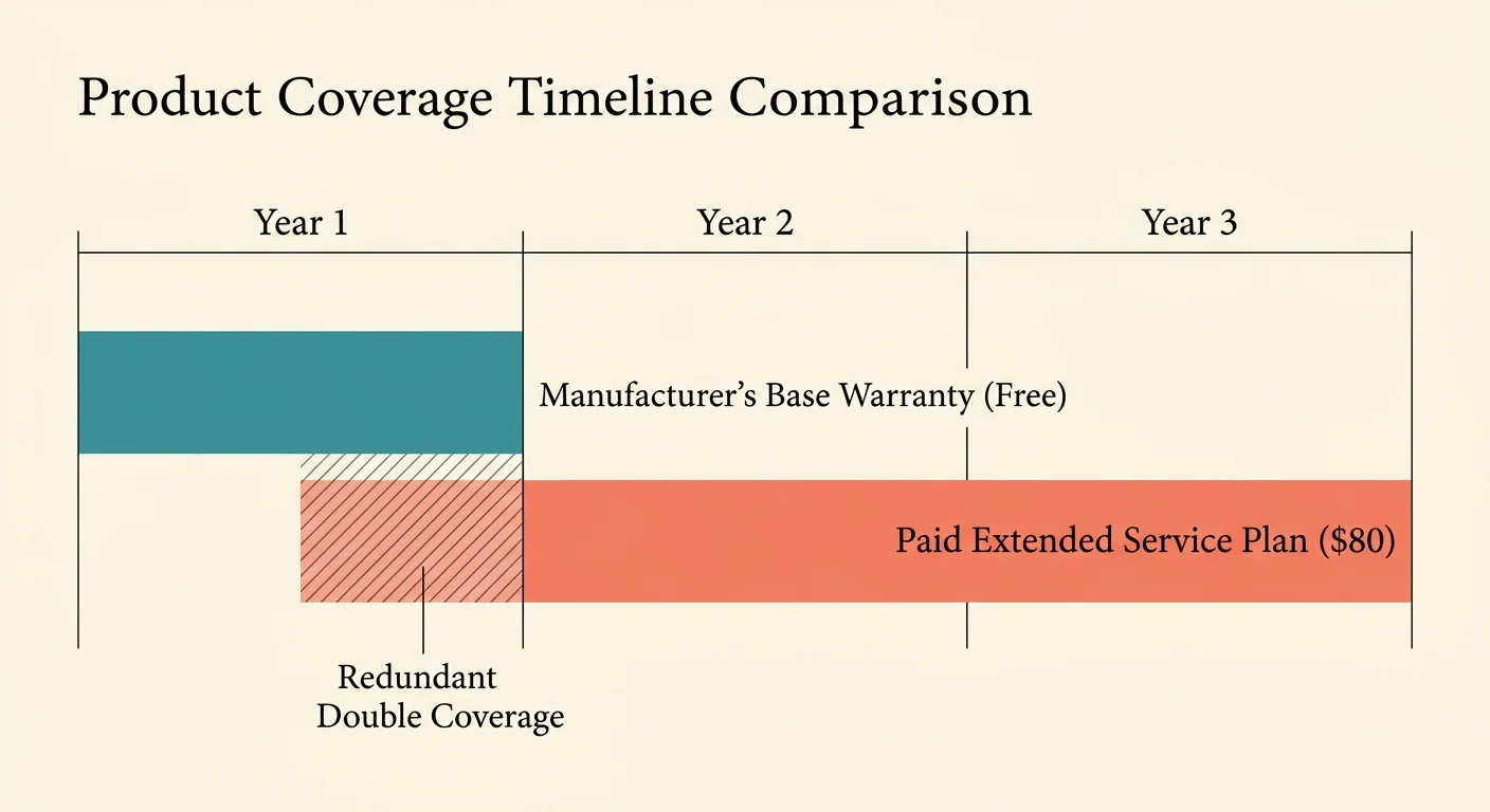A timeline chart showing a paid extended service plan overlapping redundantly with a free manufacturer's warranty during year one.