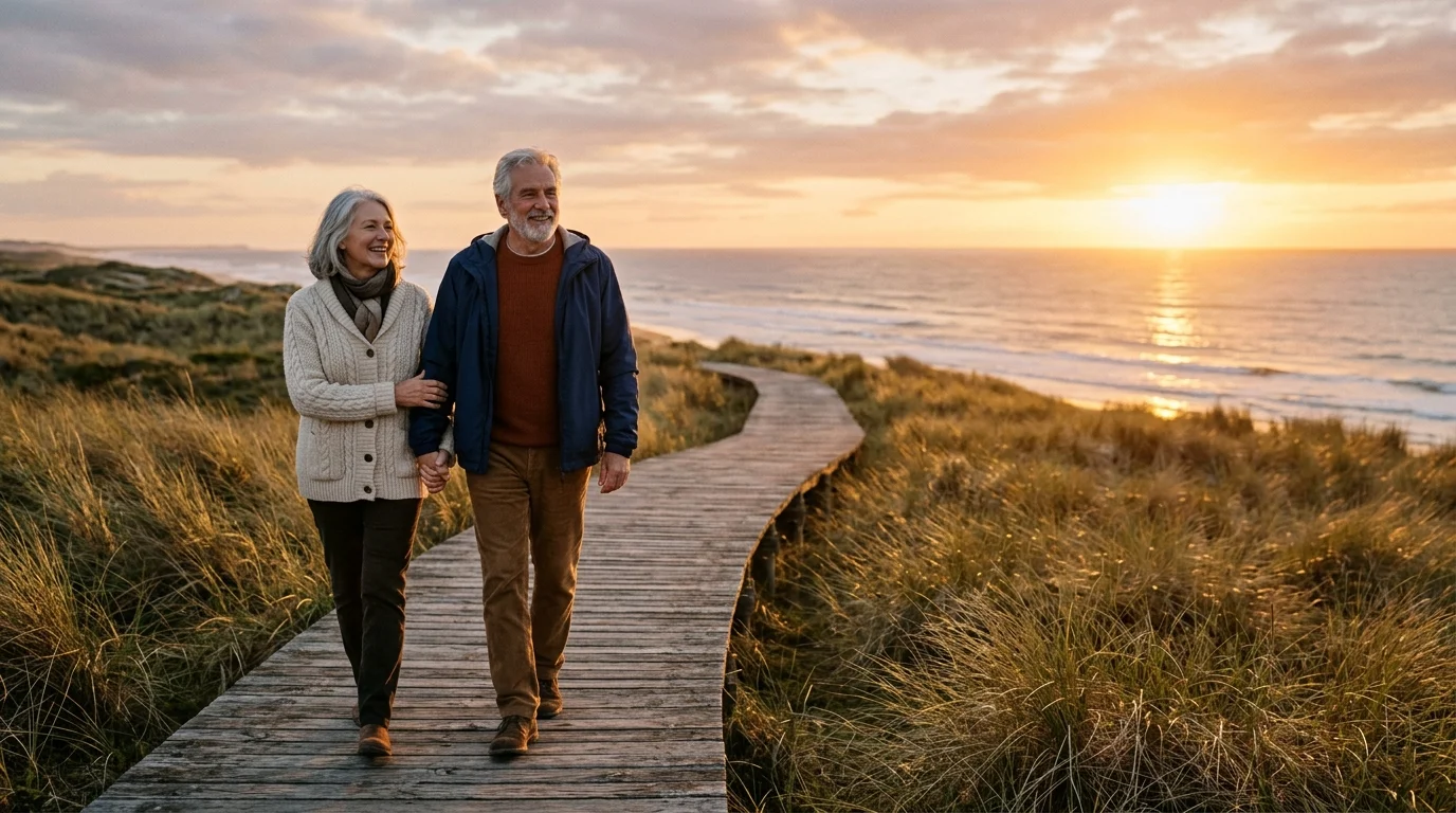 A warm 35mm film photo of a mature couple walking hand-in-hand along a coastal boardwalk at sunset.